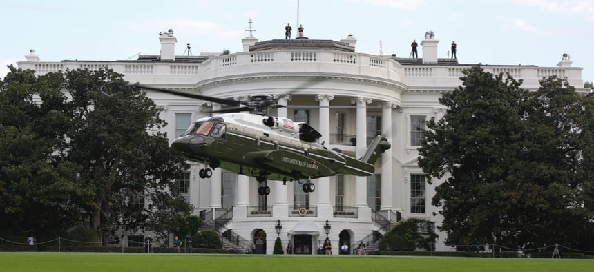 The White House with helicopter in foreground.